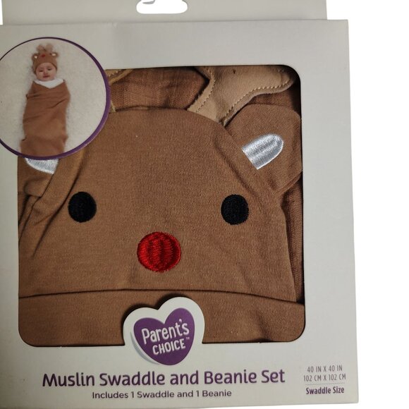 Parents Choice Muslin Swaddle and Beanie Cotton Reindeer Newborn Set - Picture 3 of 6